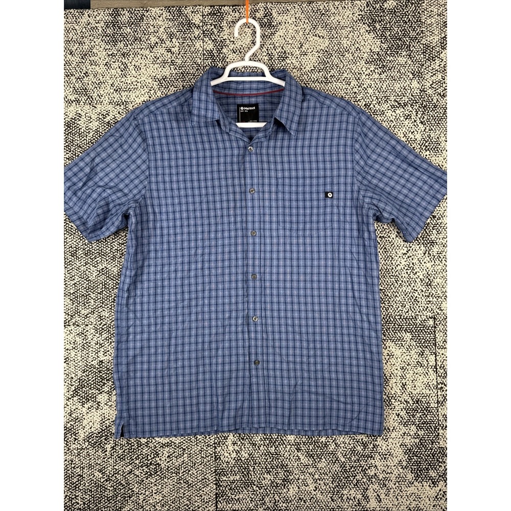 Marmot Short Sleeve Button Up Camp Shirt Mens XL Performance Blue Plaid Hike - Picture 2 of 9